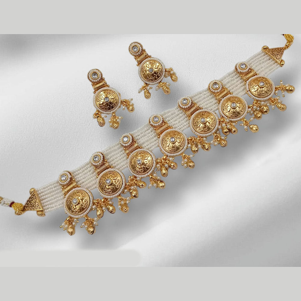 NAFJ Gold Plated Pota Stone And Pearl Choker Necklace Set