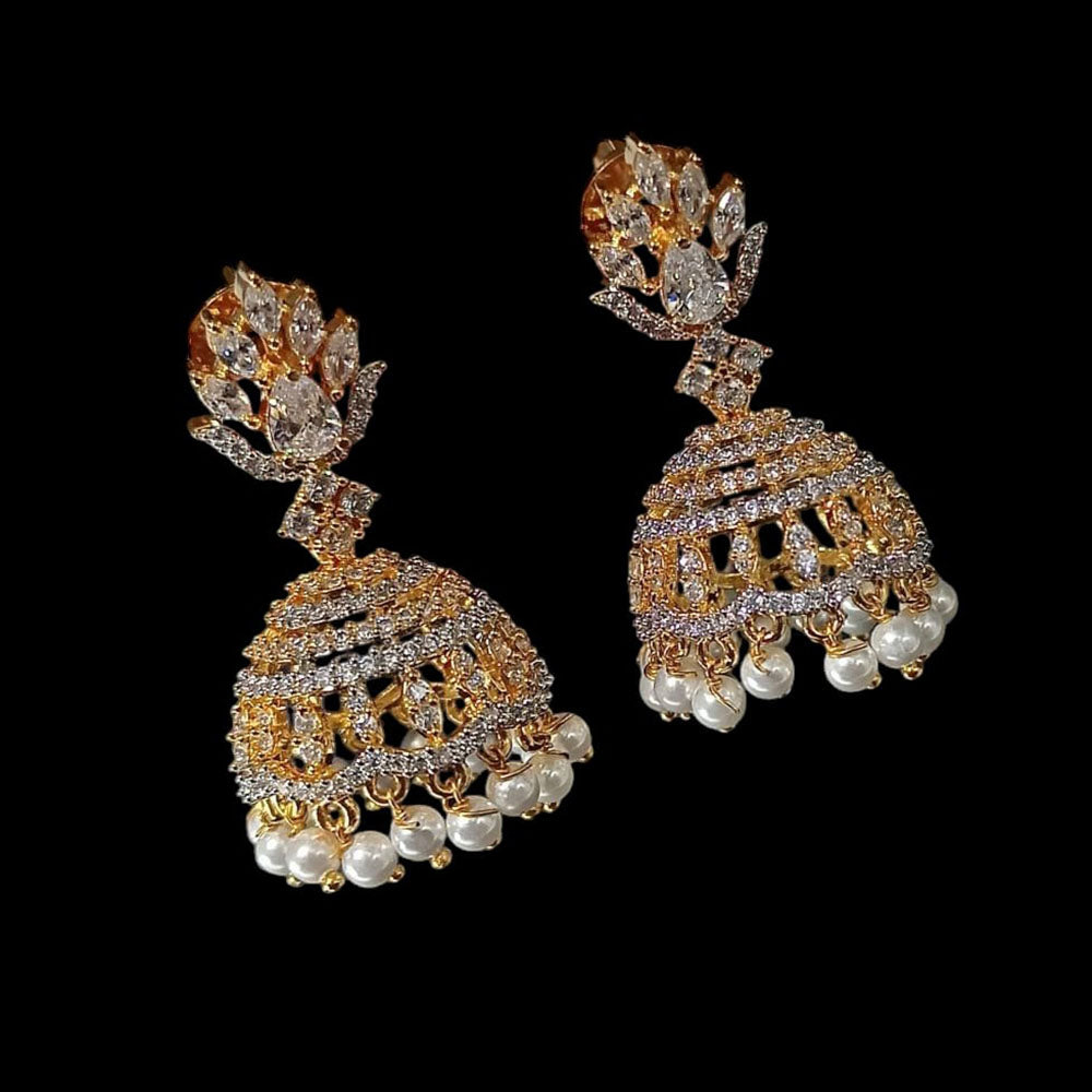 NAFJ Gold Plated American Diamond And Pearl Jhumki