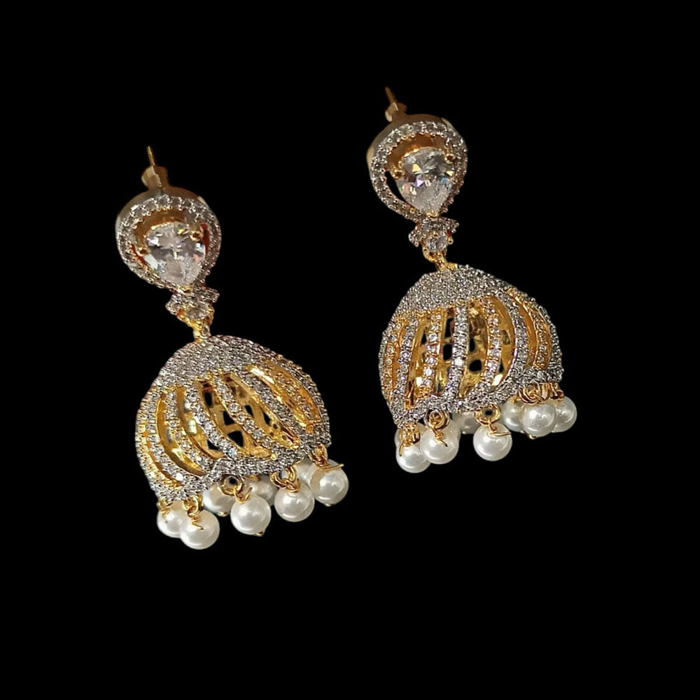 NAFJ Gold Plated American Diamond And Pearl Jhumki