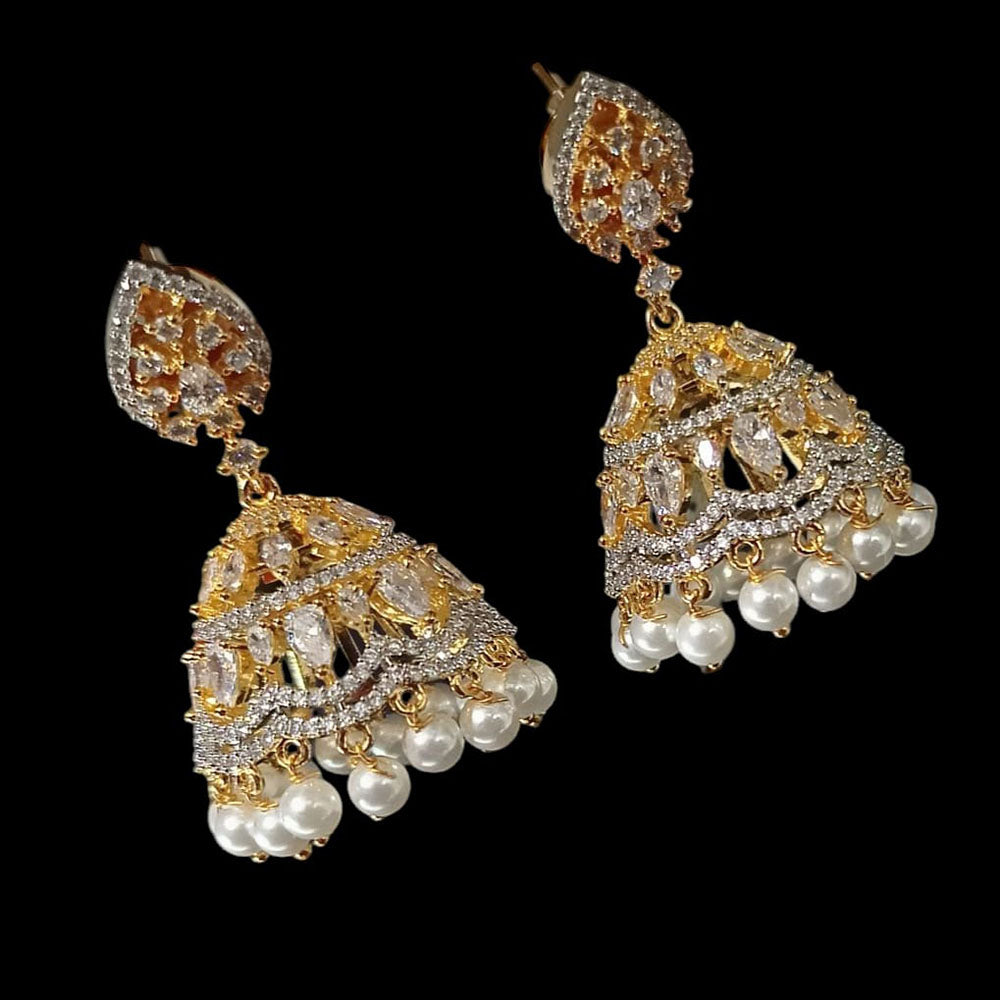 NAFJ Gold Plated American Diamond And Pearl Jhumki