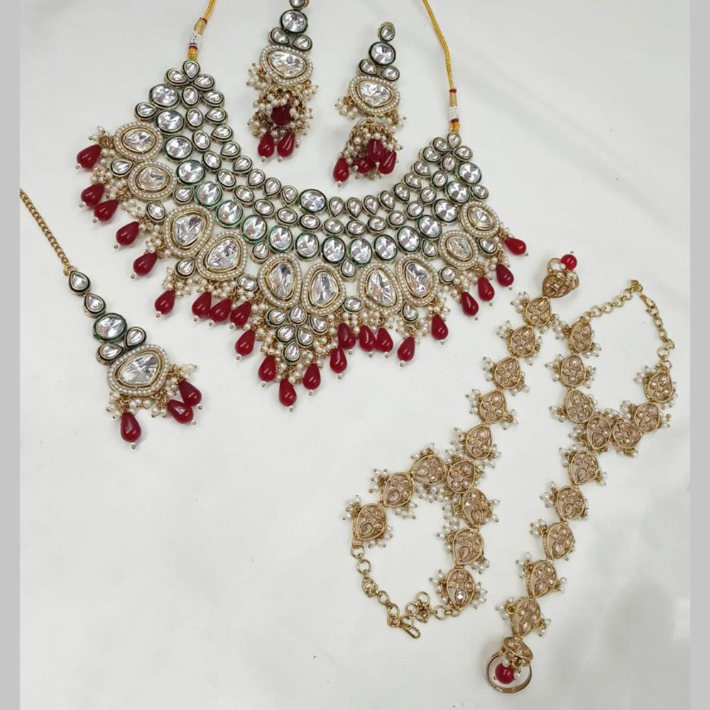 NAFJ Gold Plated Kundan Pearl And Beads Necklace Set