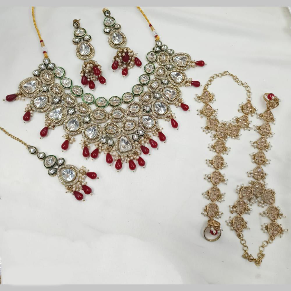 NAFJ Gold Plated Kundan Pearl And Beads Necklace Set