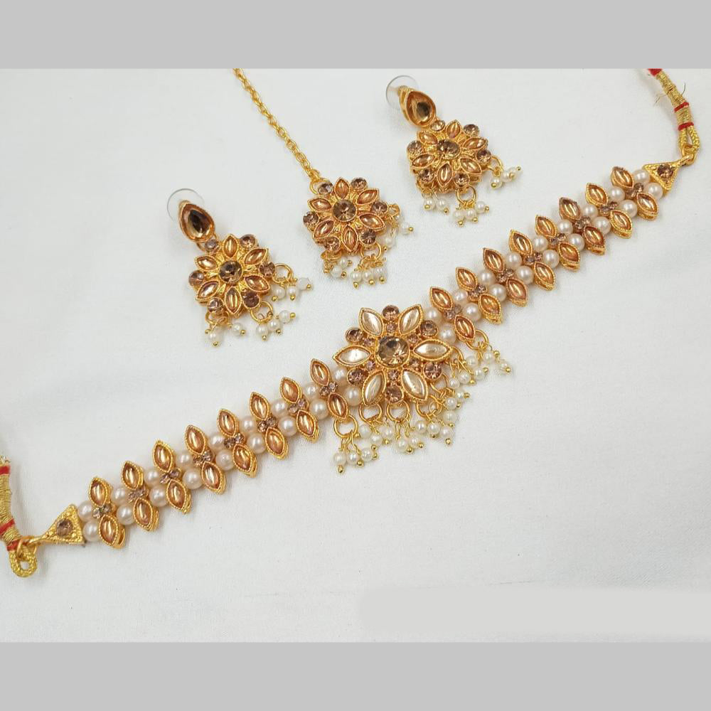 NAFJ Gold Plated Kundan And Pearl Choker Necklace Set