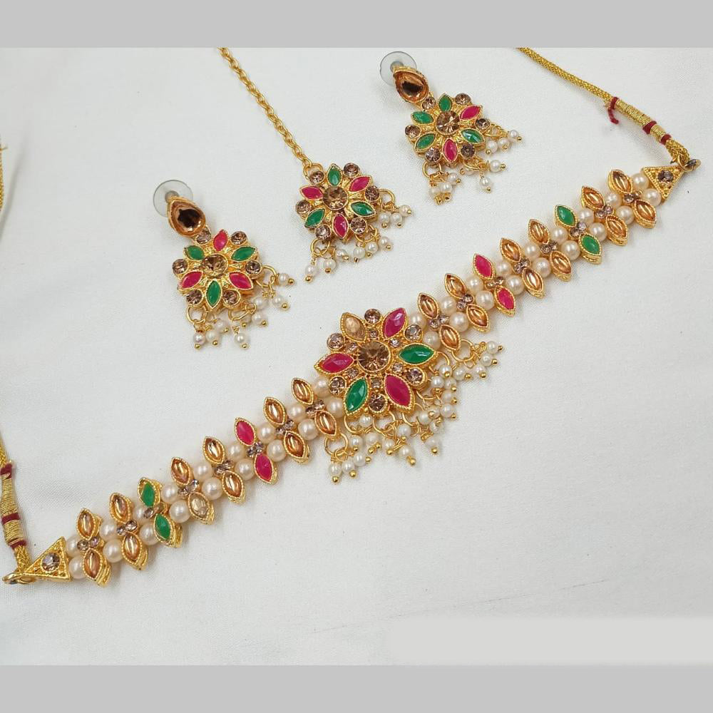 NAFJ Gold Plated Kundan And Pearl Choker Necklace Set