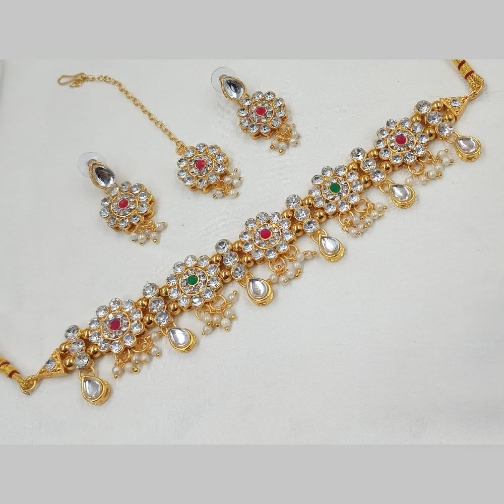 NAFJ Gold Plated Kundan And Pearl Choker Necklace Set