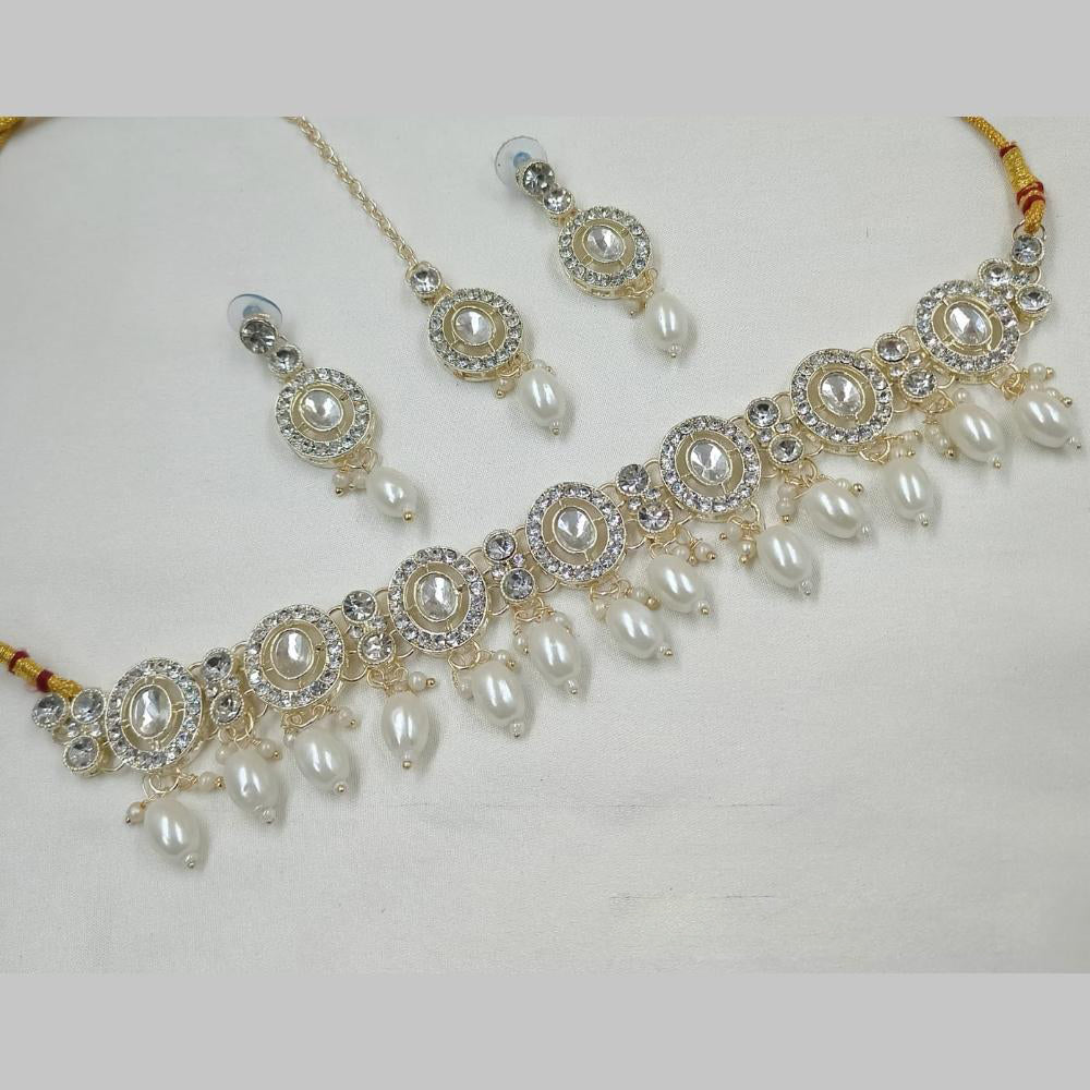 NAFJ Gold Plated Kundan And Austrian Pearl Choker Necklace Set