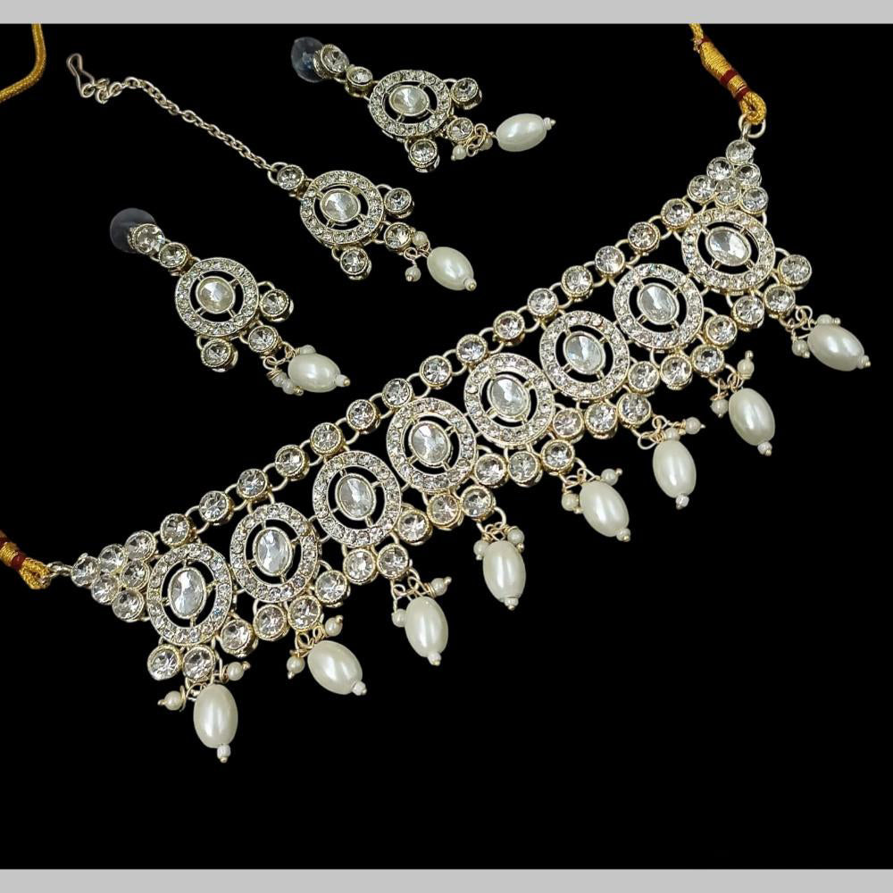NAFJ Gold Plated Kundan And Austrian Pearl Choker Necklace Set
