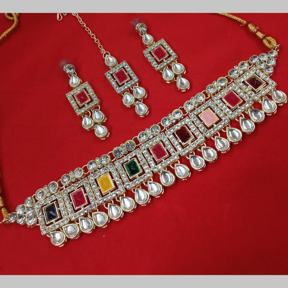 NAFJ Gold Plated Kundan And Austrian Pearl Choker Necklace Set
