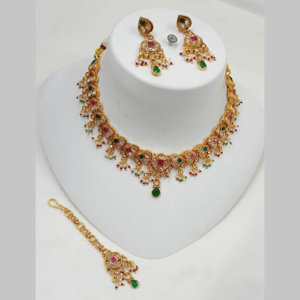 NAFJ Gold Plated Kundan And Pearl Choker Necklace Set