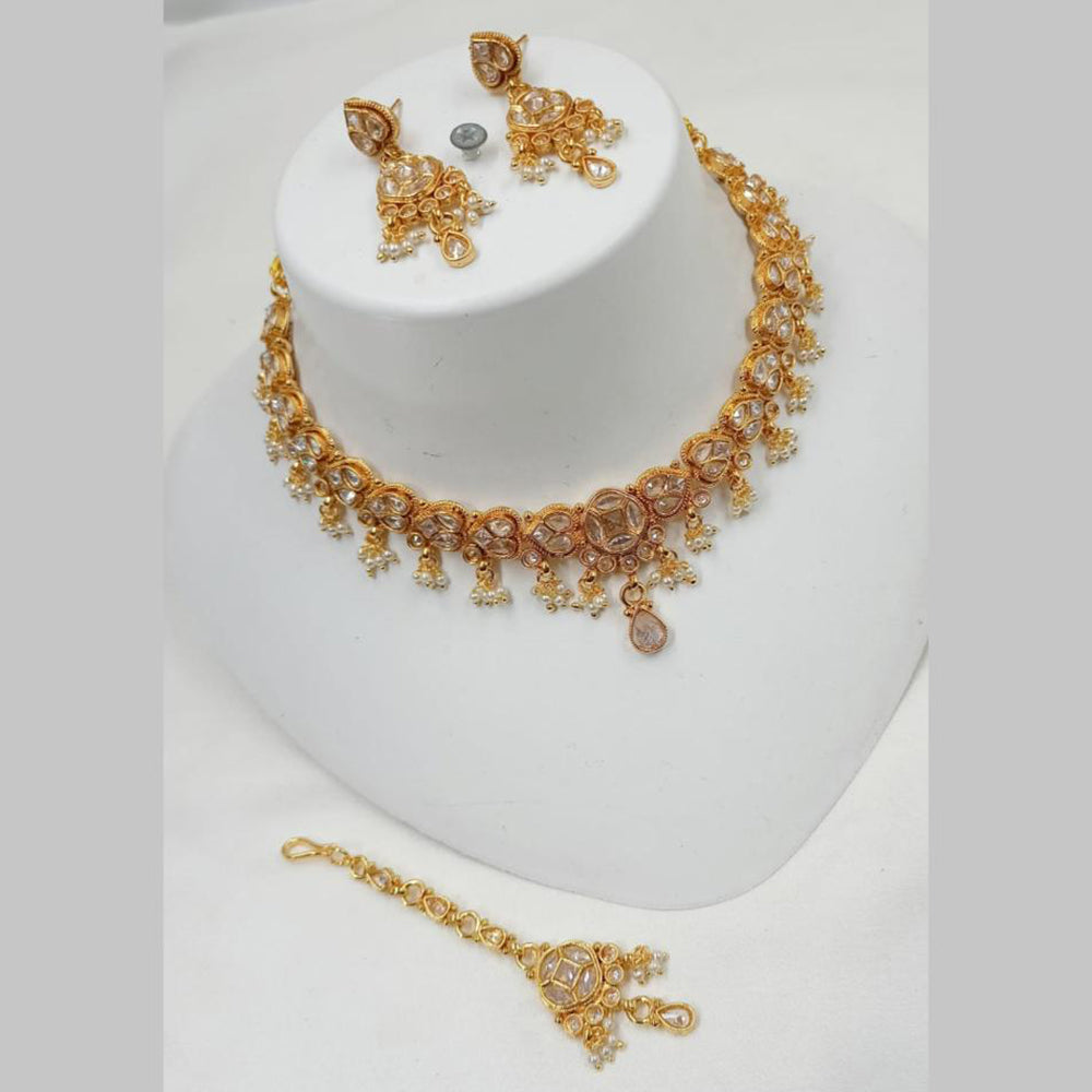 NAFJ Gold Plated Kundan And Pearl Choker Necklace Set