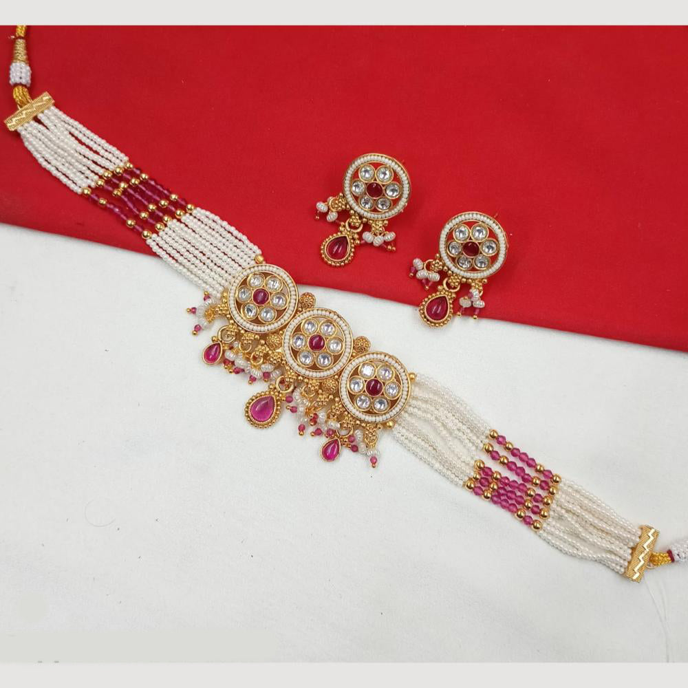NAFJ Gold Plated Pota And Pearl Choker Necklace Set