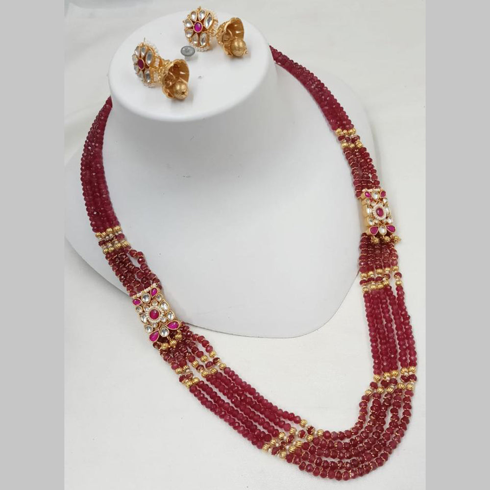NAFJ Gold Plated Kundan And Peal Beads Long Necklace Set