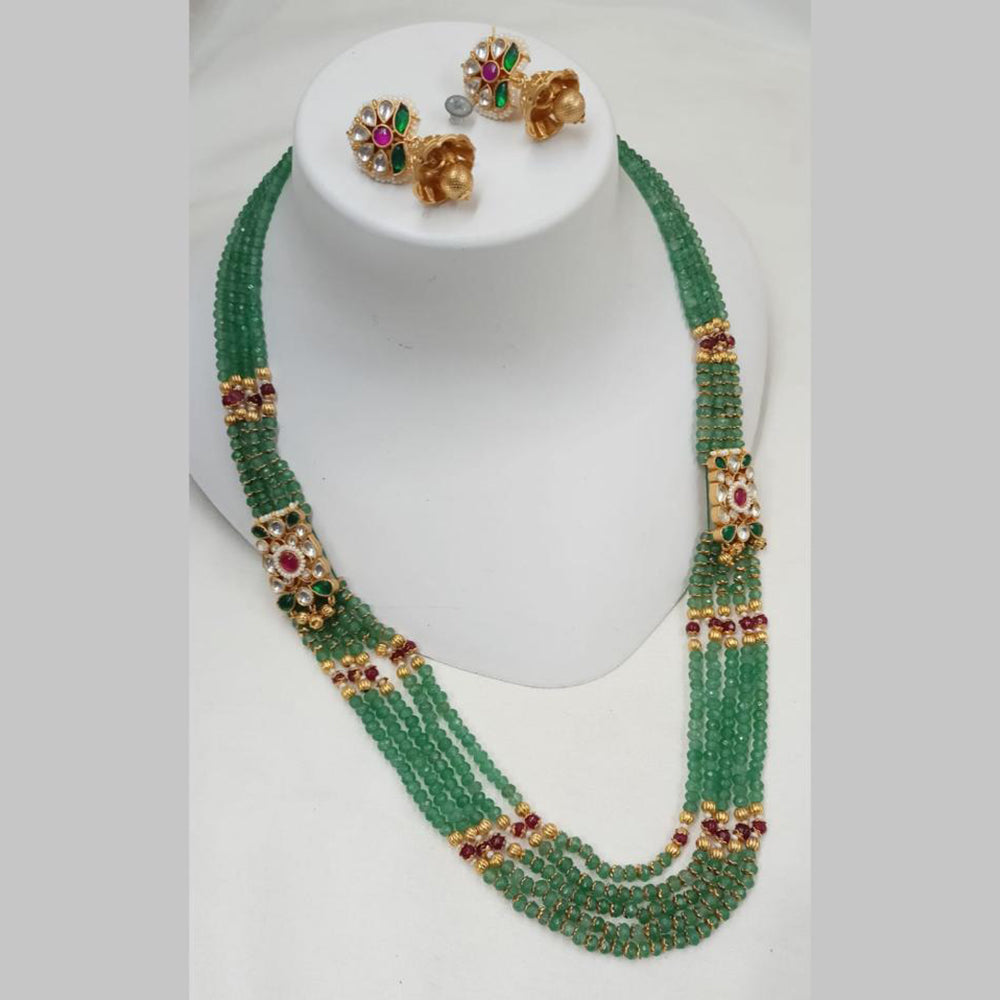 NAFJ Gold Plated Kundan And Peal Beads Long Necklace Set