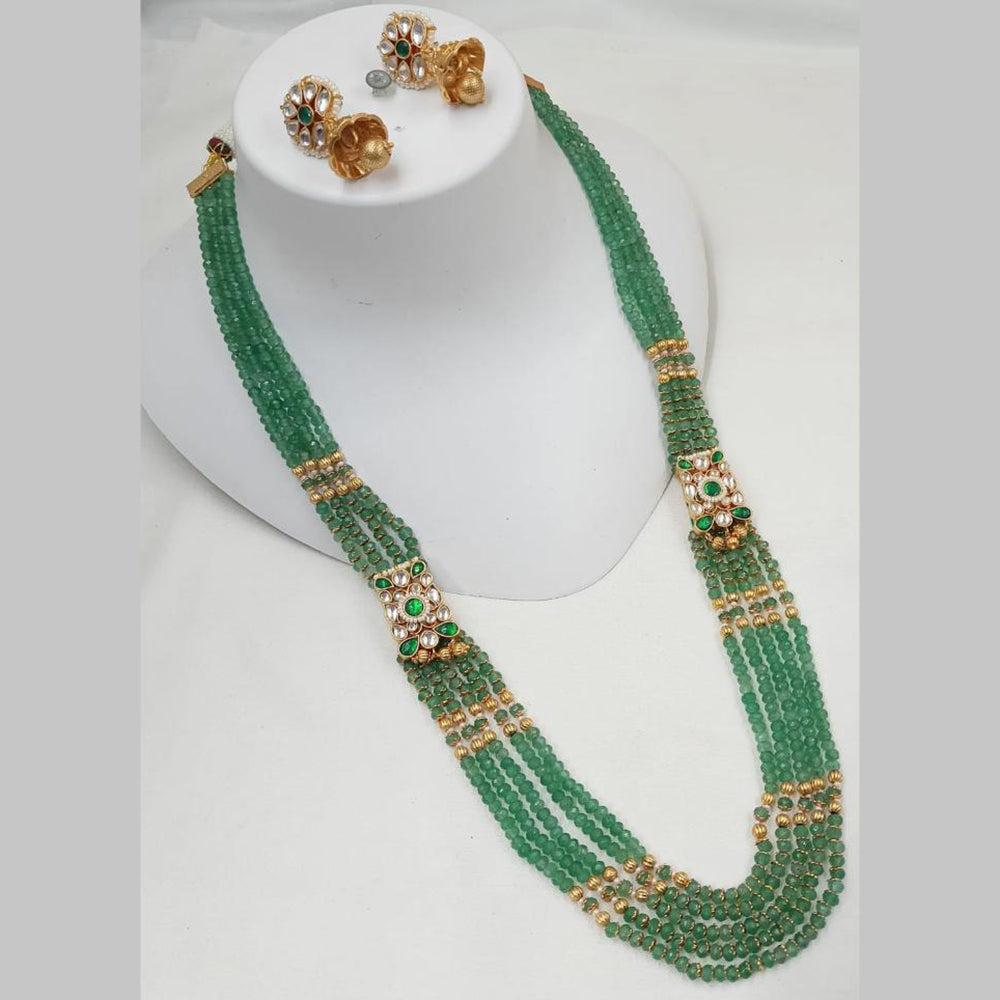 NAFJ Gold Plated Kundan And Peal Beads Long Necklace Set