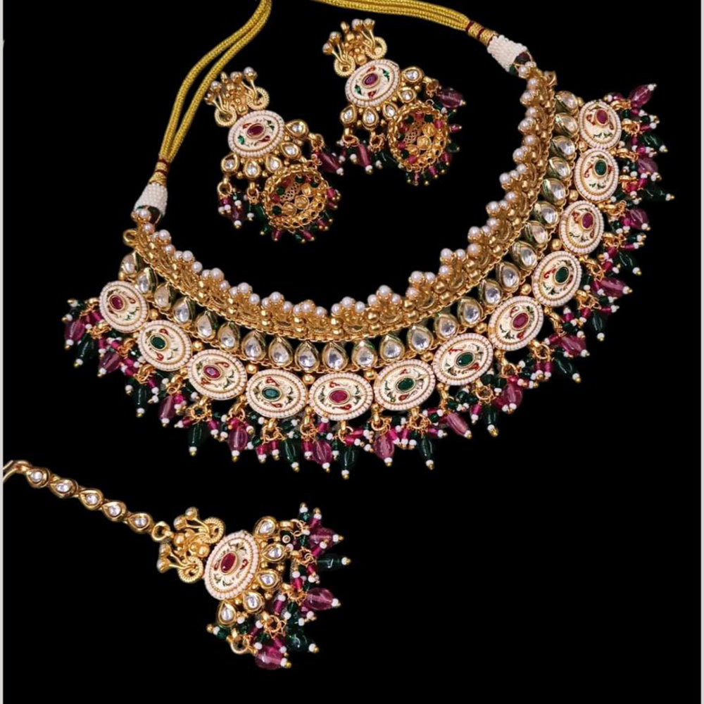 NAFJ Gold Plated Kundan And Pota Beads Meenakari Choker Necklace Set
