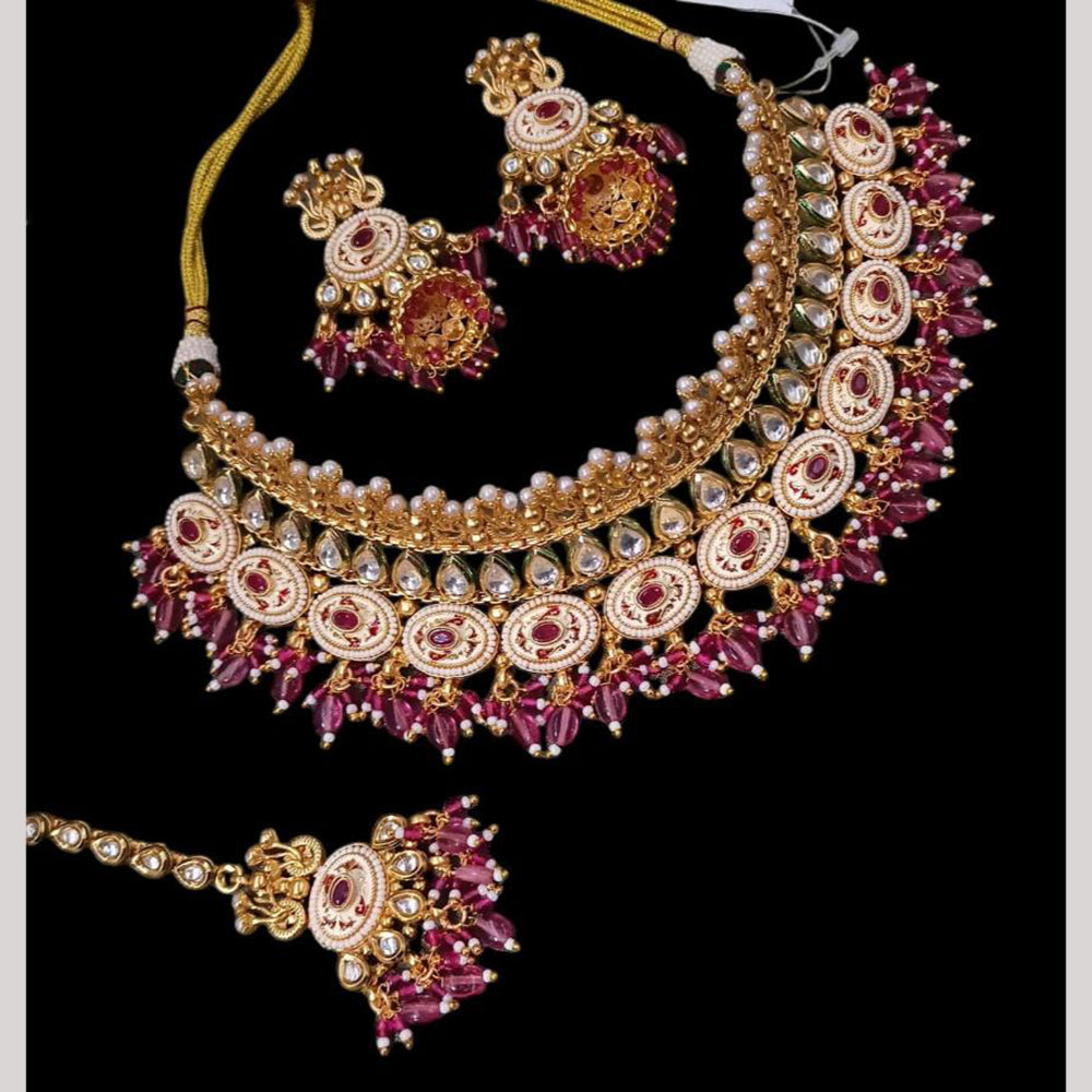NAFJ Gold Plated Kundan And Pota Beads Meenakari Choker Necklace Set