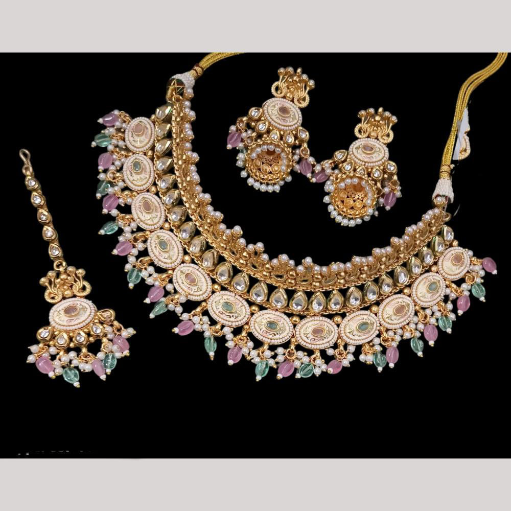 NAFJ Gold Plated Kundan And Pota Beads Meenakari Choker Necklace Set