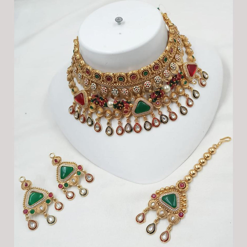 NAFJ Gold Plated Kundan And Pota Beads Meenakari Choker Necklace Set