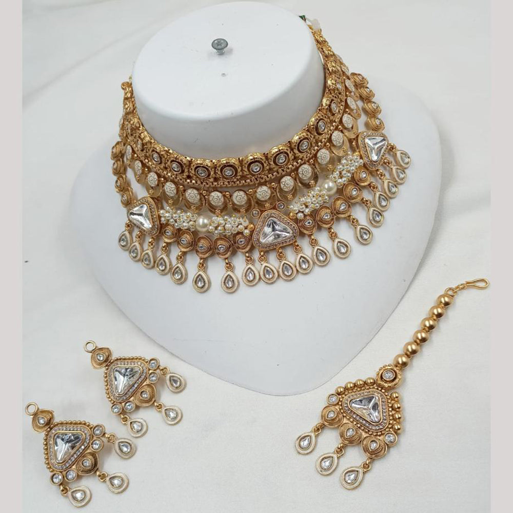 NAFJ Gold Plated Kundan And Pota Beads Meenakari Choker Necklace Set