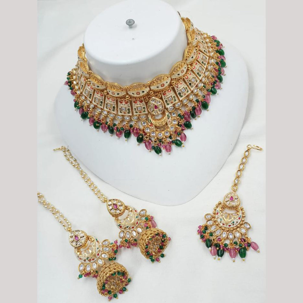 NAFJ Gold Plated Kundan And Pota Beads Meenakari Choker Necklace Set