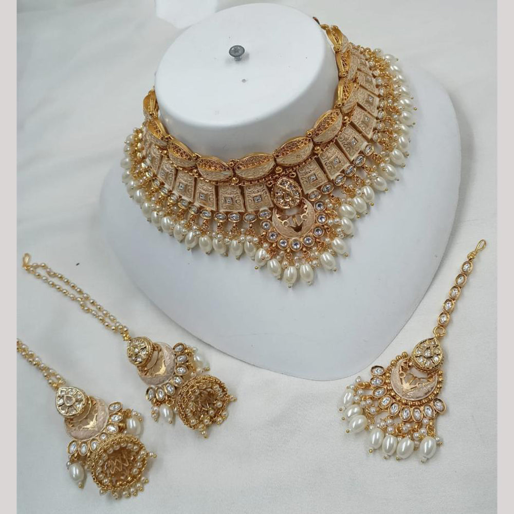 NAFJ Gold Plated Kundan And Pota Beads Meenakari Choker Necklace Set