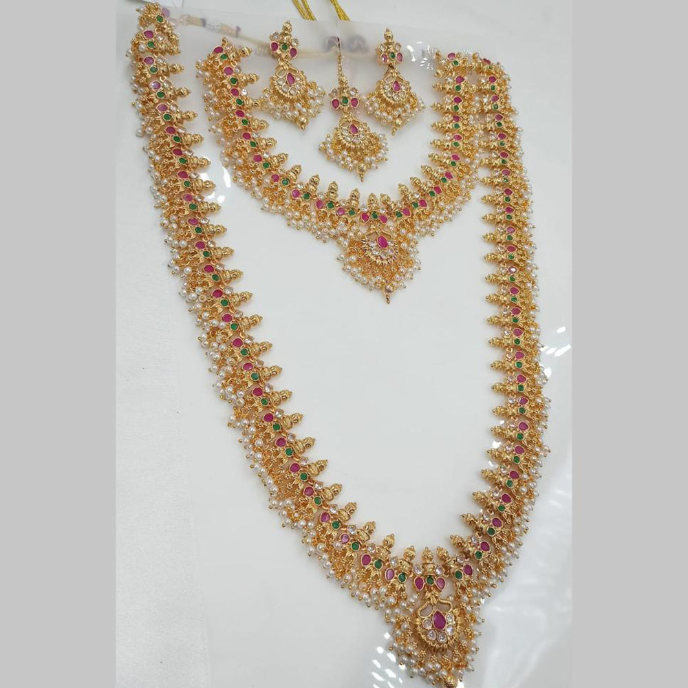 NAFJ Gold Plated Pota & Kundan Stone Double Necklace Set