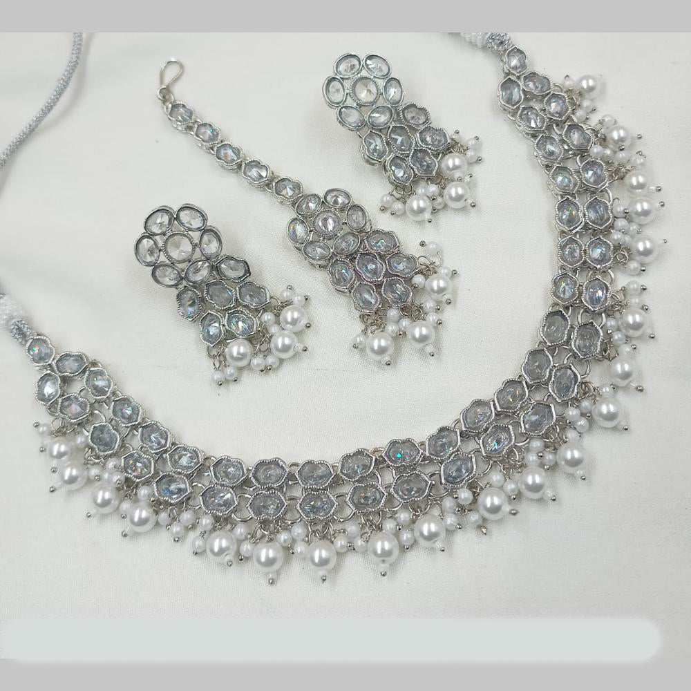 NAFJ Silver Plated Crystal Pearl And Beads Necklace Set