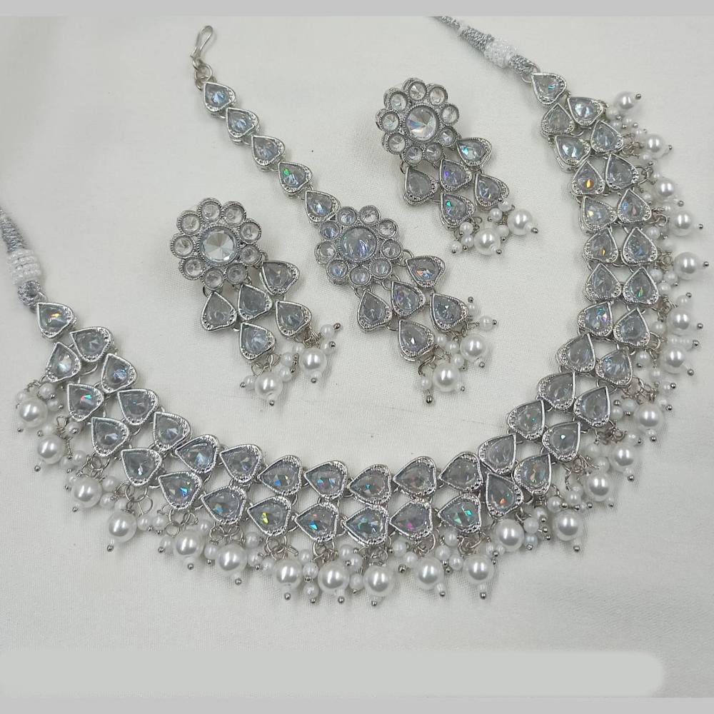 NAFJ Silver Plated Crystal Pearl And Beads Necklace Set