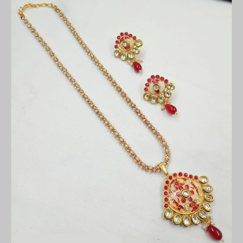 NAFJ Gold Plated Kundan And Meenakari Chain Pendant Set