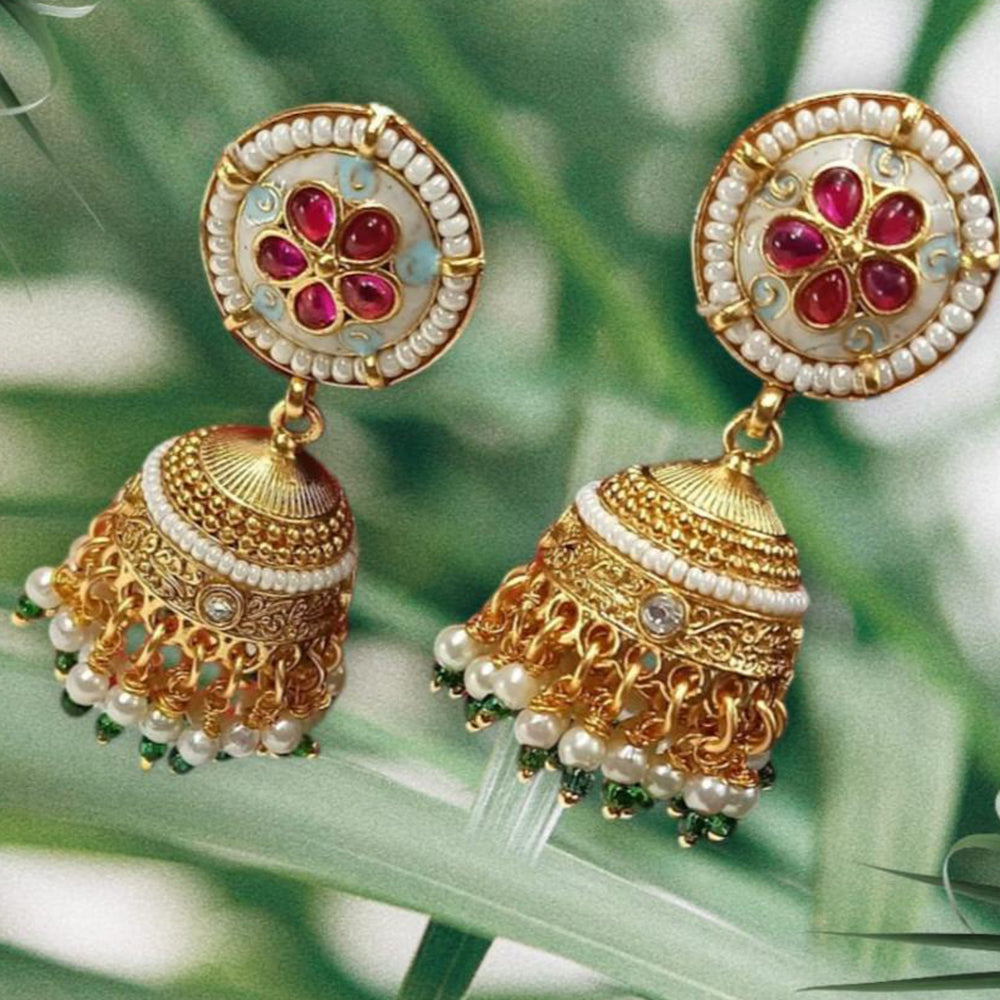 NAFJ Gold Plated Pota Stones And Pearls Meenakari Jhumki Earrings