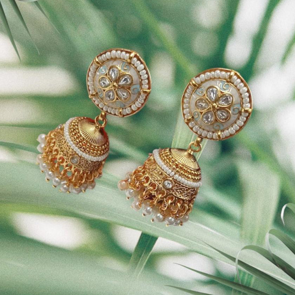 NAFJ Gold Plated Pota Stones And Pearls Meenakari Jhumki Earrings