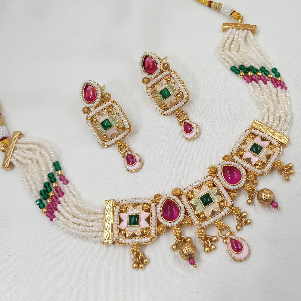 NAFJ Gold Plated Pota Stone And Pearls Meenakari Choker Necklace Set