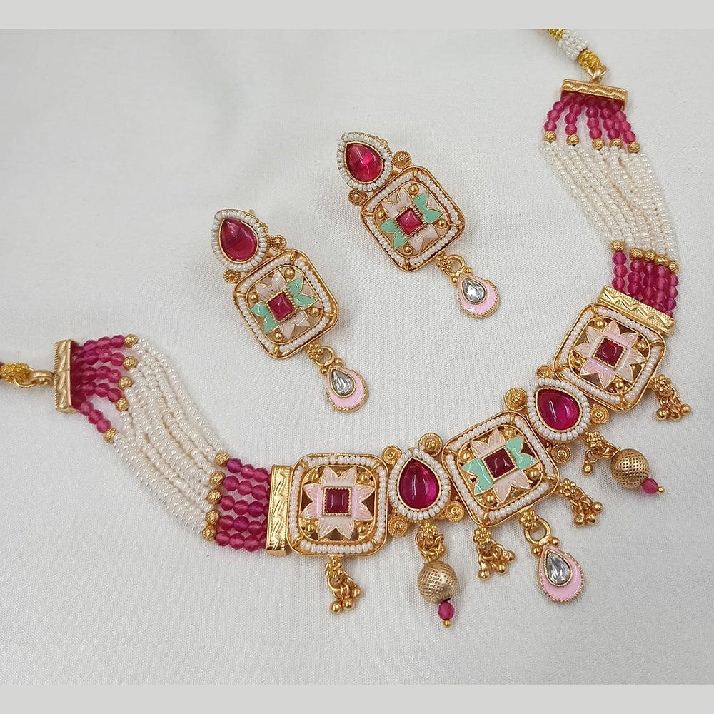NAFJ Gold Plated Pota Stone And Pearls Meenakari Choker Necklace Set