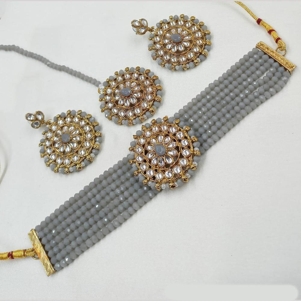 NAFJ Gold Plated Kundan And Beads Choker Necklace Set