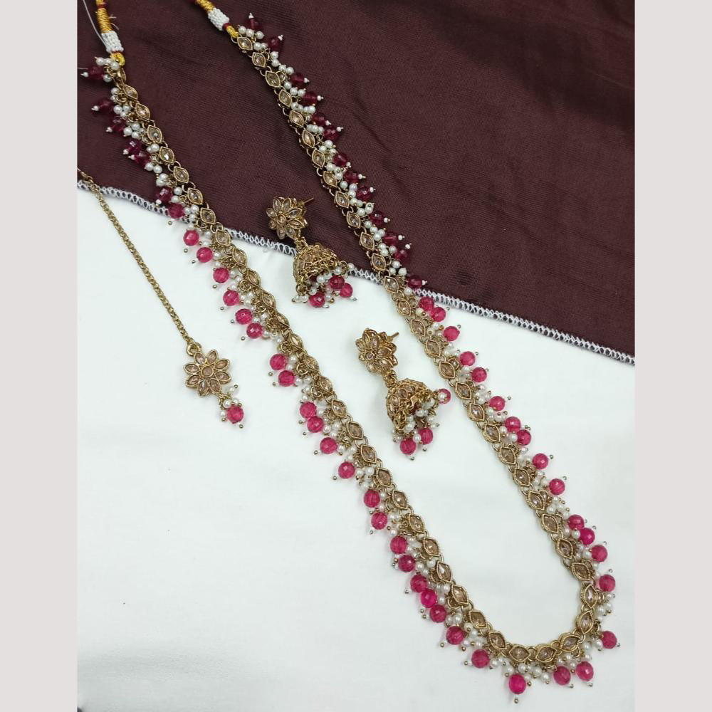 NAFJ Royal Gold Finish Austrian Stone And Pearl Beads Long Necklace Set