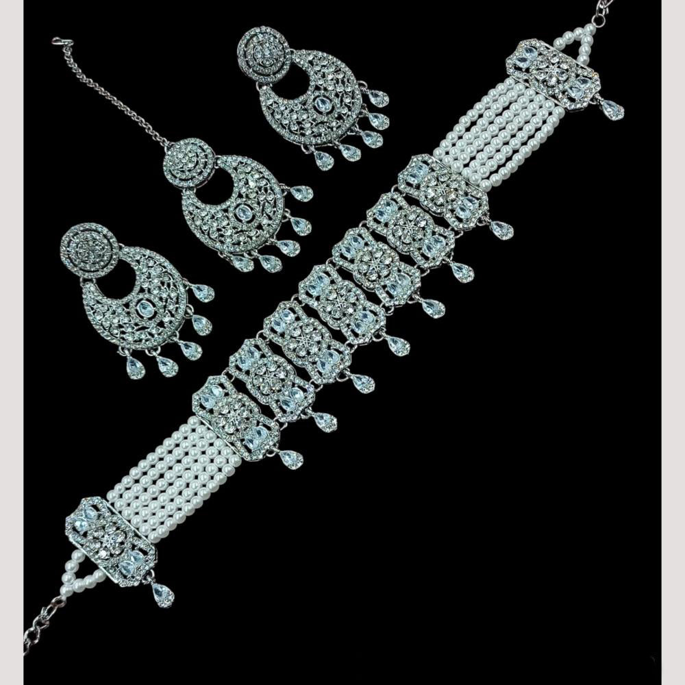 NAFJ Sparkling Crystal And Austrian Stone Designer Pearl Choker Necklace Set