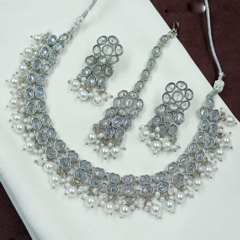 NAFJ Rhodium Crystal Stone And Pearl Necklace Set