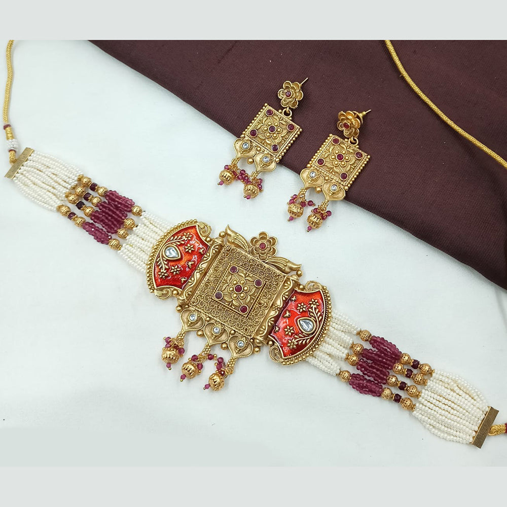 NAFJ Antique Minakari Choker with Pota Stone and Beads Necklace Set