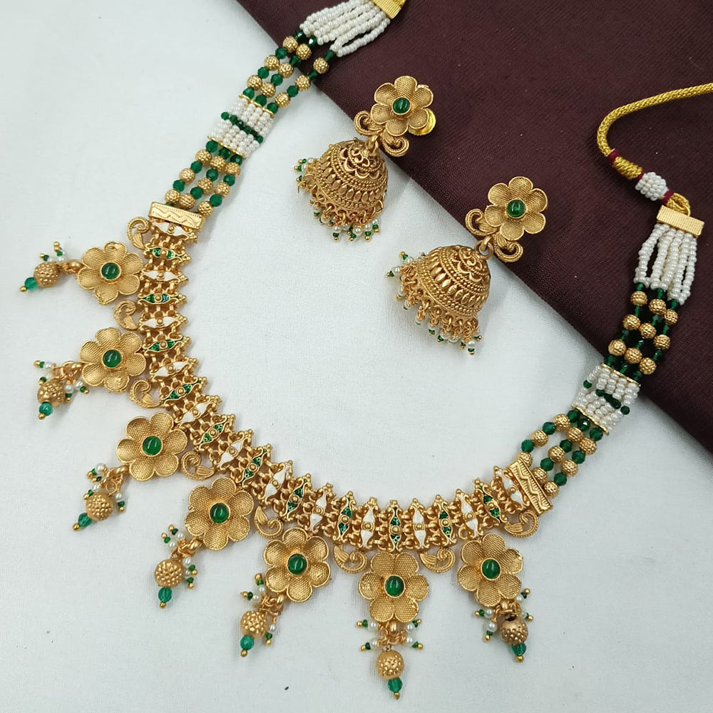 NAFJ Floral Pota Stone and Beads with Drop Pearls Necklace Set