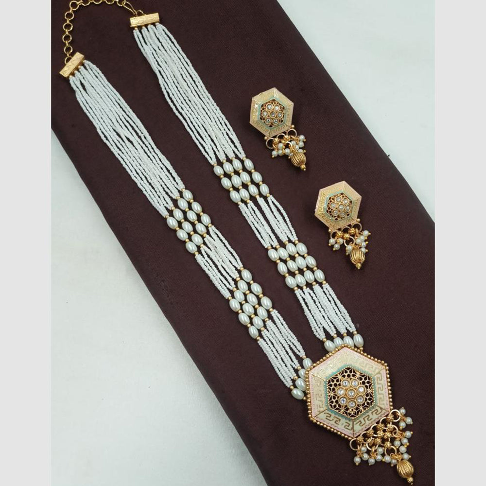 NAFJ Heritage Style Kundan And Pearls Meenakari Long Necklace Set