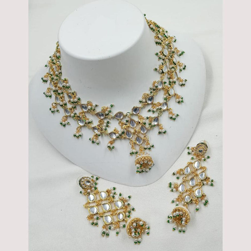 NAFJ Designer Gold Plated Kundan Necklace Set with Green & Pearl Beads