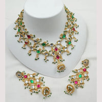 NAFJ Designer Gold Plated Kundan Necklace Set with Green & Pearl Beads