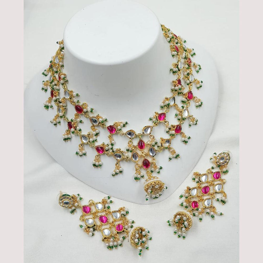NAFJ Designer Gold Plated Kundan Necklace Set with Green & Pearl Beads