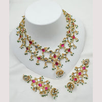 NAFJ Designer Gold Plated Kundan Necklace Set with Green & Pearl Beads