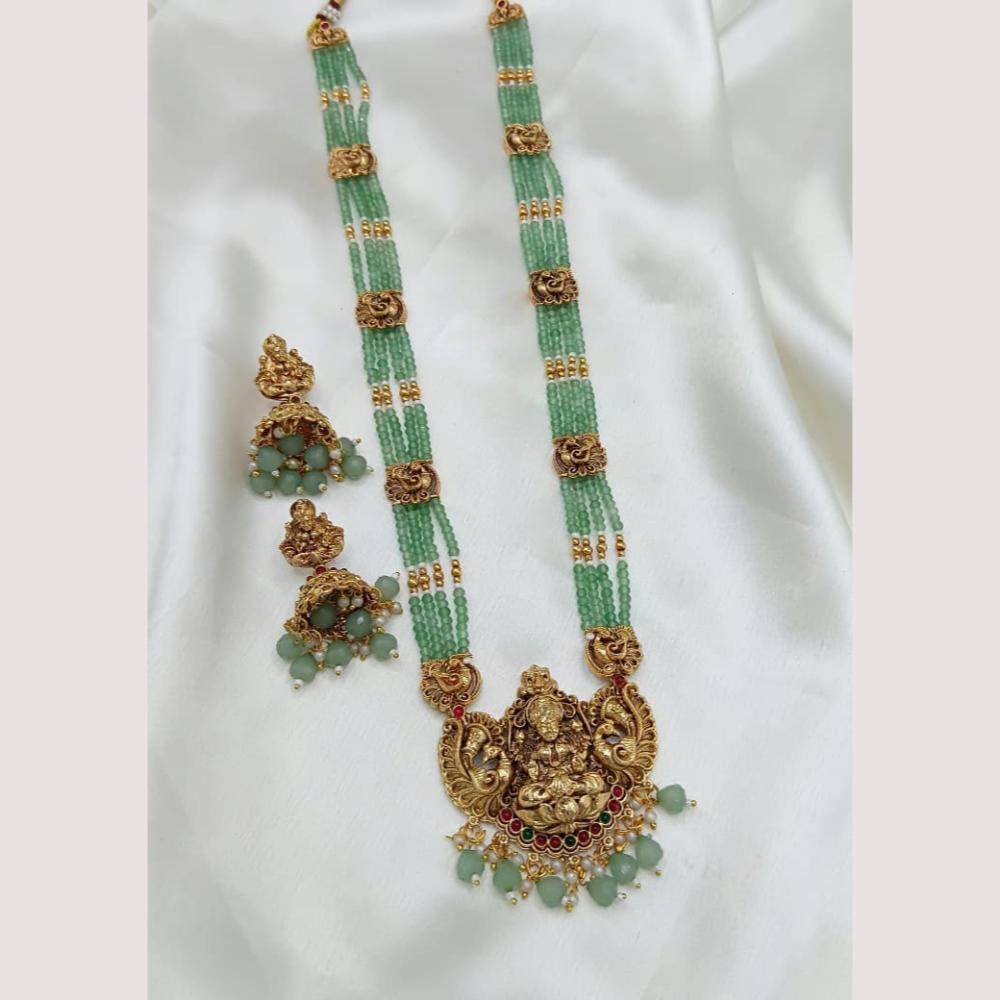 NAFJ Antique Gold Plated Temple Jewellery Necklace Set with Lakshmi Pendant & Green Beads