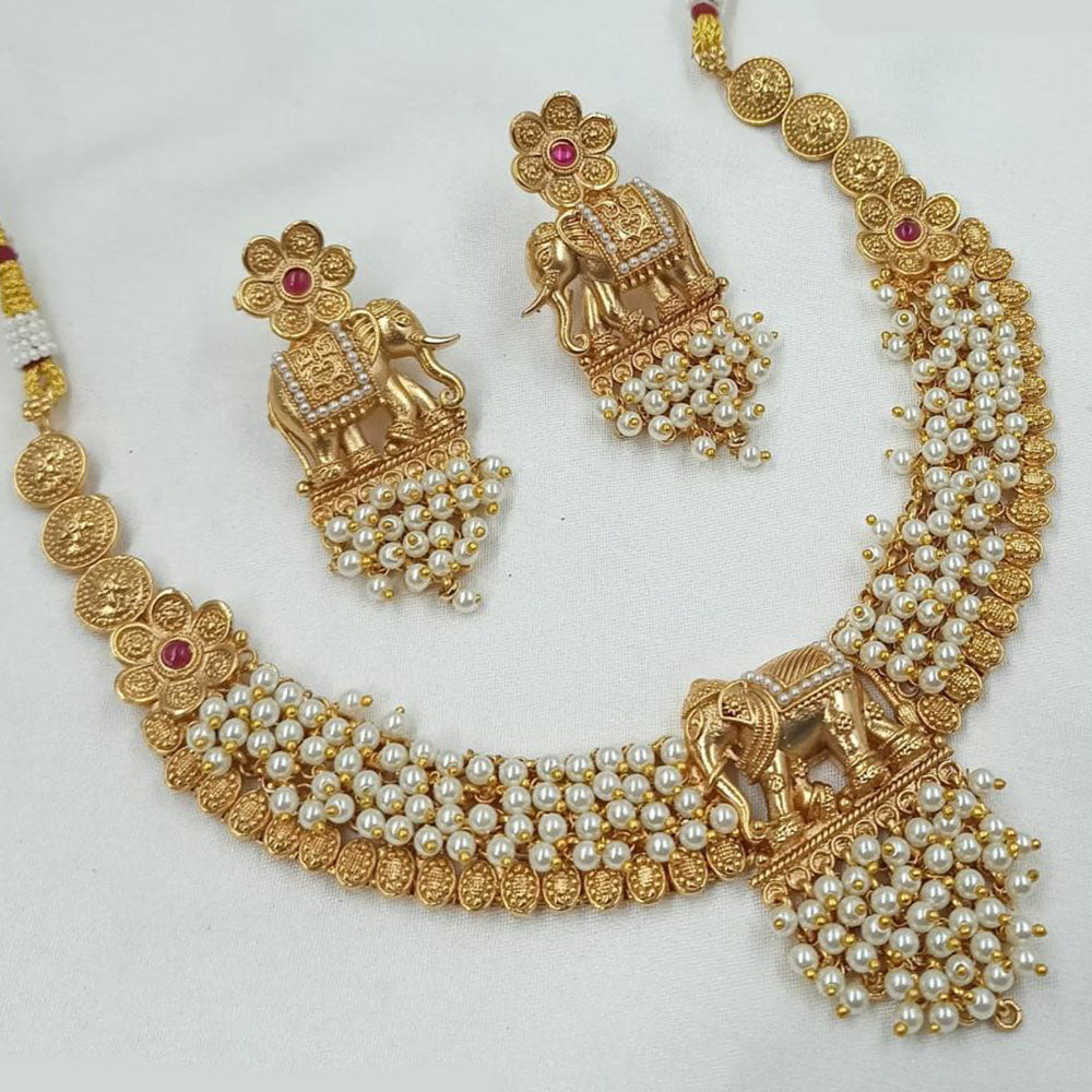 NAFJ Antique Pota Pearl Temple Jewellery Necklace Set with Elephant Design