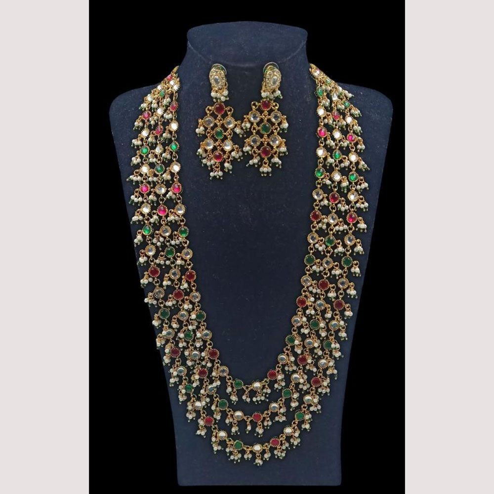 NAFJ Royal Long Multi-Layered Kundan Necklace Set For Wedding & Festive Jewelry