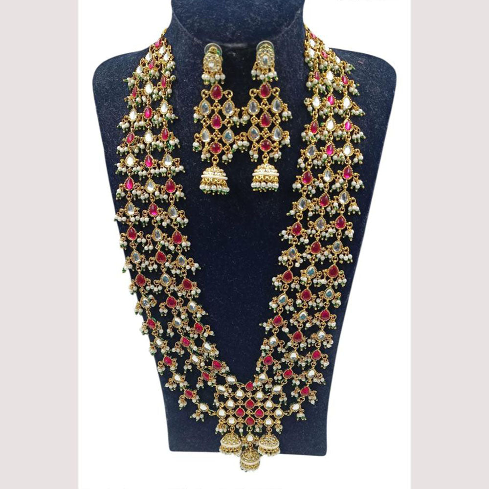 NAFJ Premium Long Kundan Necklace Set with Multiple Layers For Ethnic Wedding & Festive Jewelry