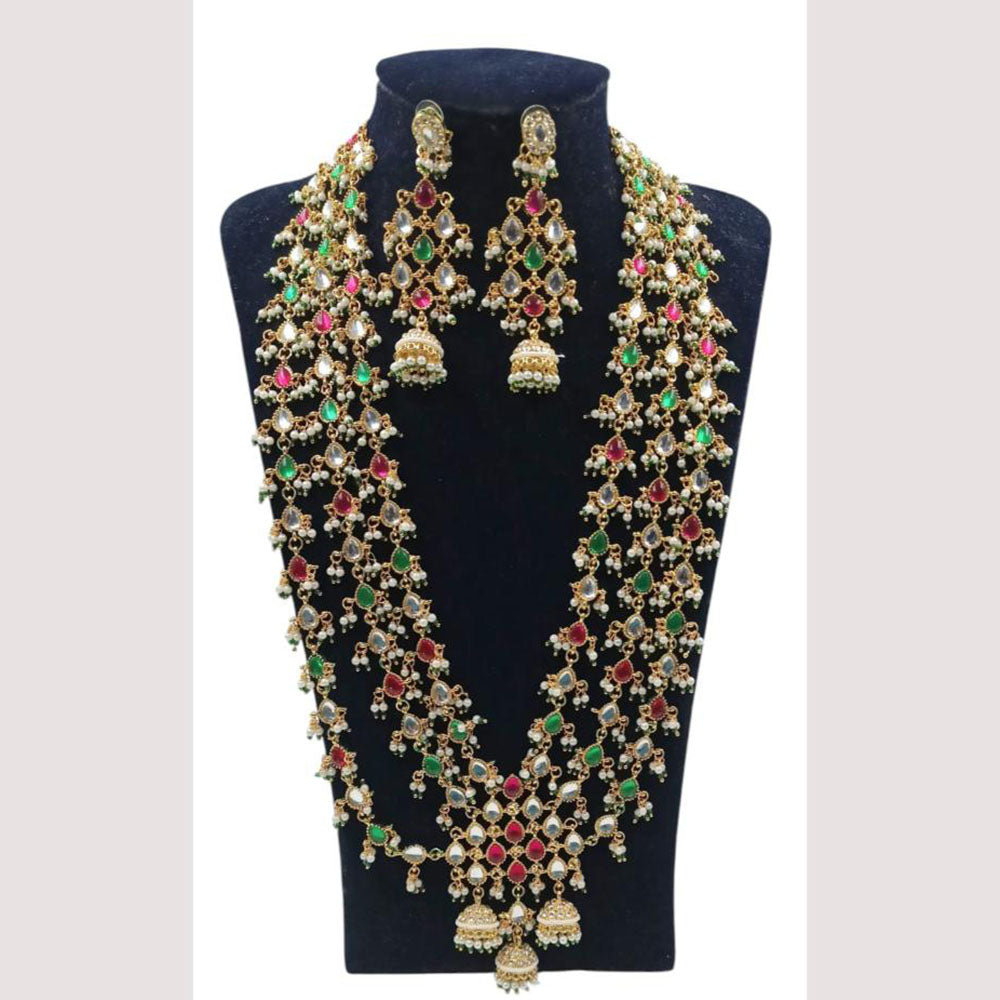 NAFJ Premium Long Kundan Necklace Set with Multiple Layers For Ethnic Wedding & Festive Jewelry