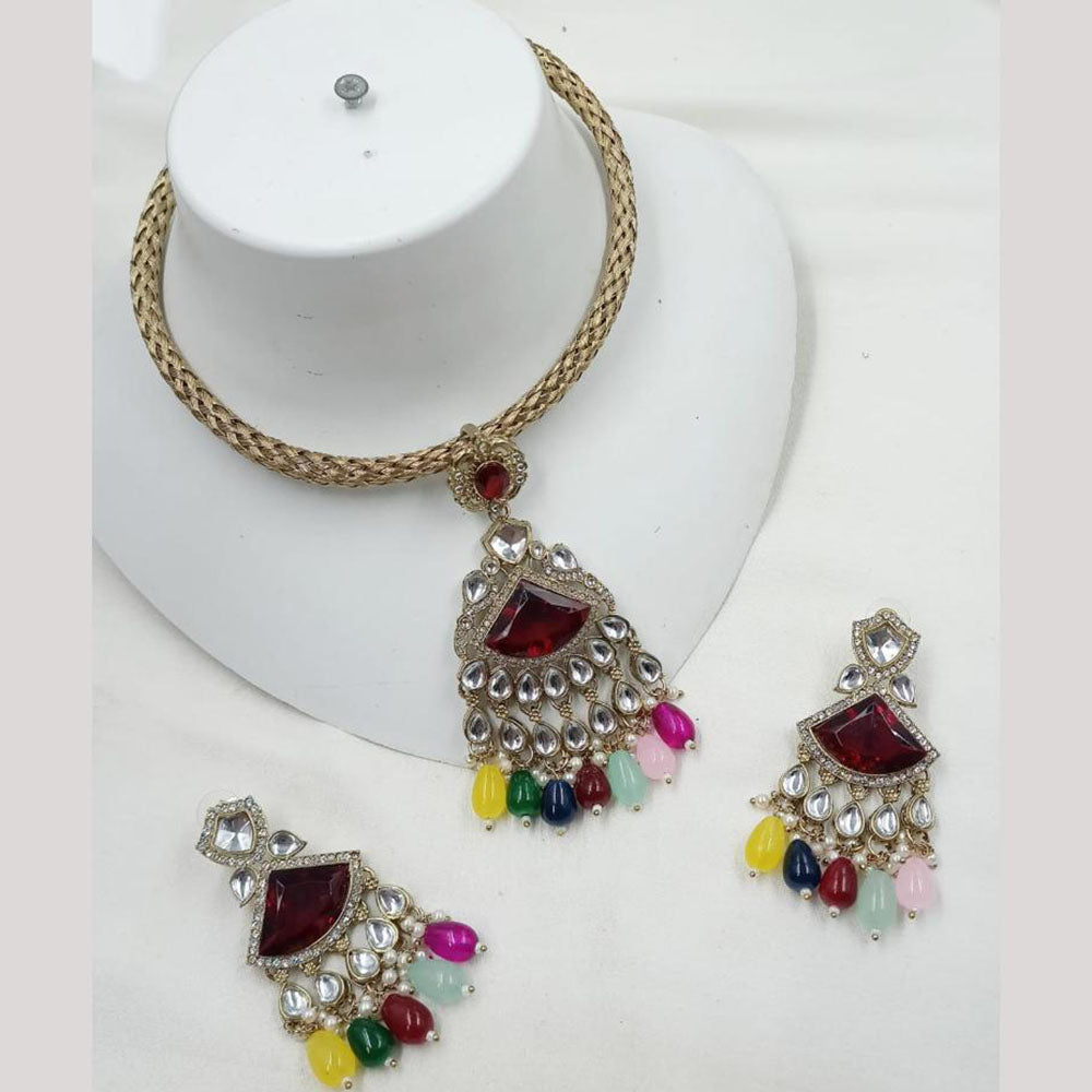 NAFJ Premium Kundan Stone With Beads And Pearl Necklace Set